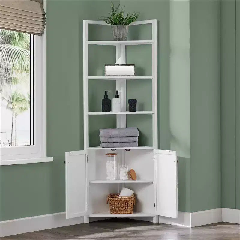Meuble d'angle de rangement blanc avec deux portes et des étagères ouvertes
