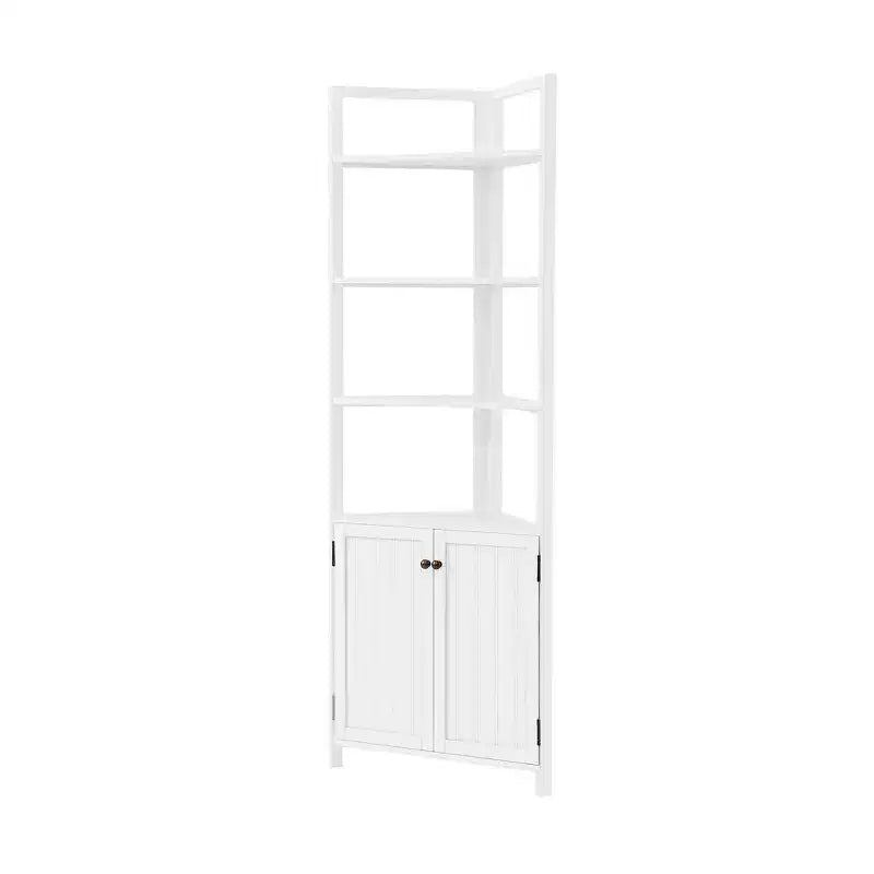 Meuble d'angle de rangement blanc avec deux portes et des étagères ouvertes
