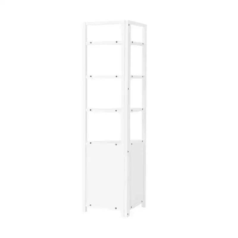 Meuble d'angle de rangement blanc avec deux portes et des étagères ouvertes