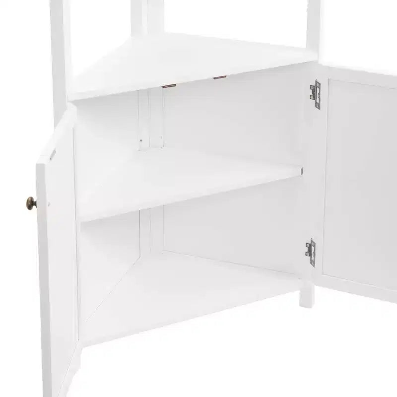 Meuble d'angle de rangement blanc avec deux portes et des étagères ouvertes