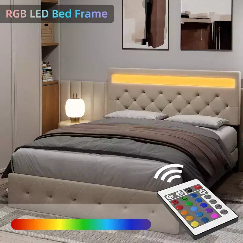 Cadre de lit plateforme rembourré avec tête de lit lumineuse et port de chargement USB