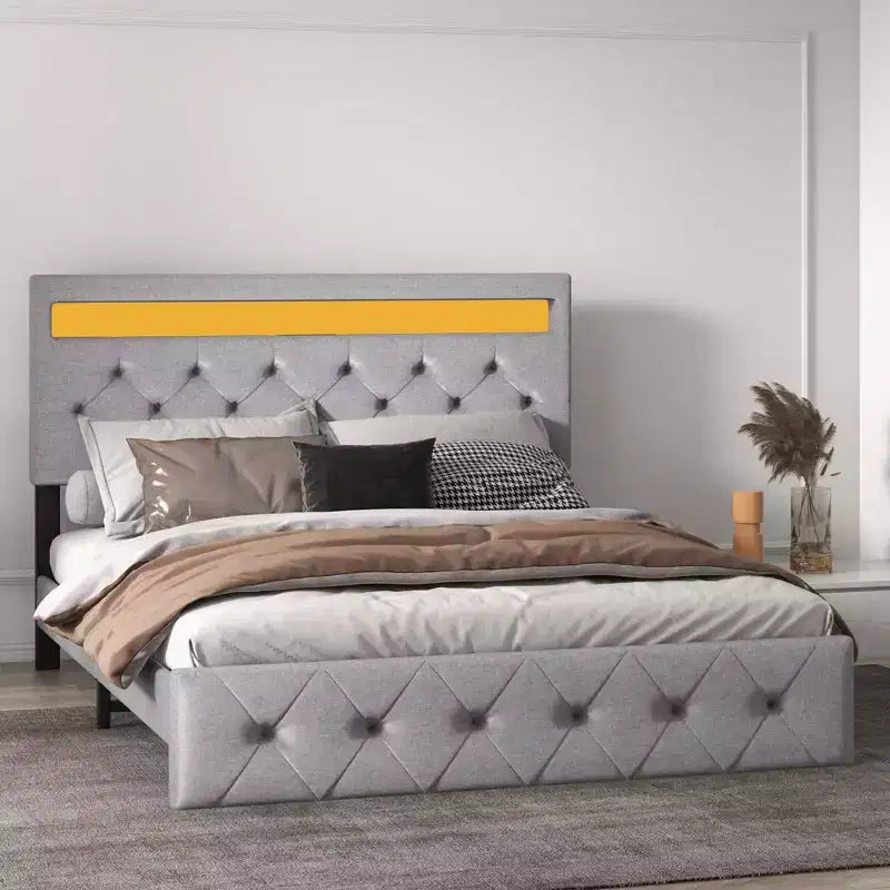 Bed Frame with Lights Headboard, Bed Frame with Fast-Charging USB Port, Upholstered Platform Bed Frame, No Box Spring Needed