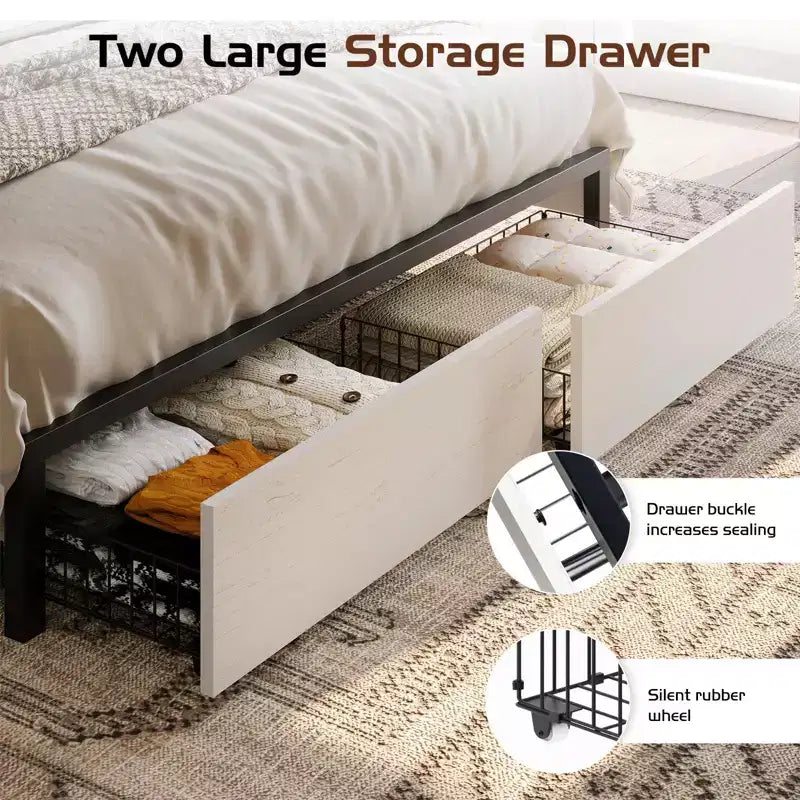 Cadre de lit de 120 cm de haut avec tête de lit bibliothèque, station de recharge et 2 tiroirs