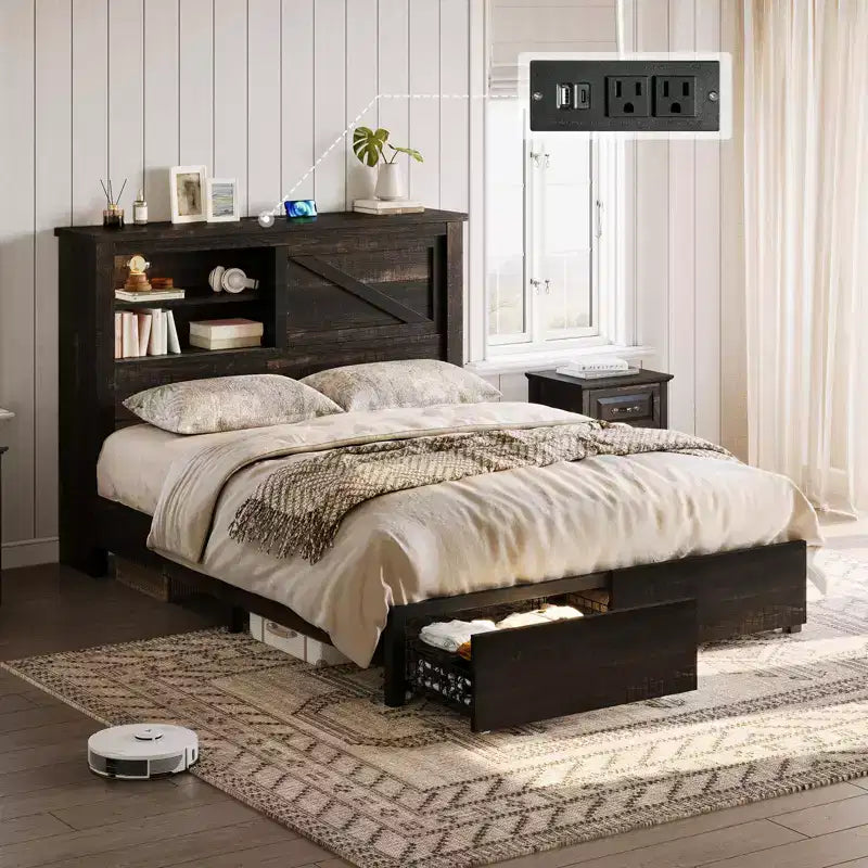 AMERLIFE 47.2 H Bed Frame with Bookcase Headboard, Charging Station, 2 Drawers