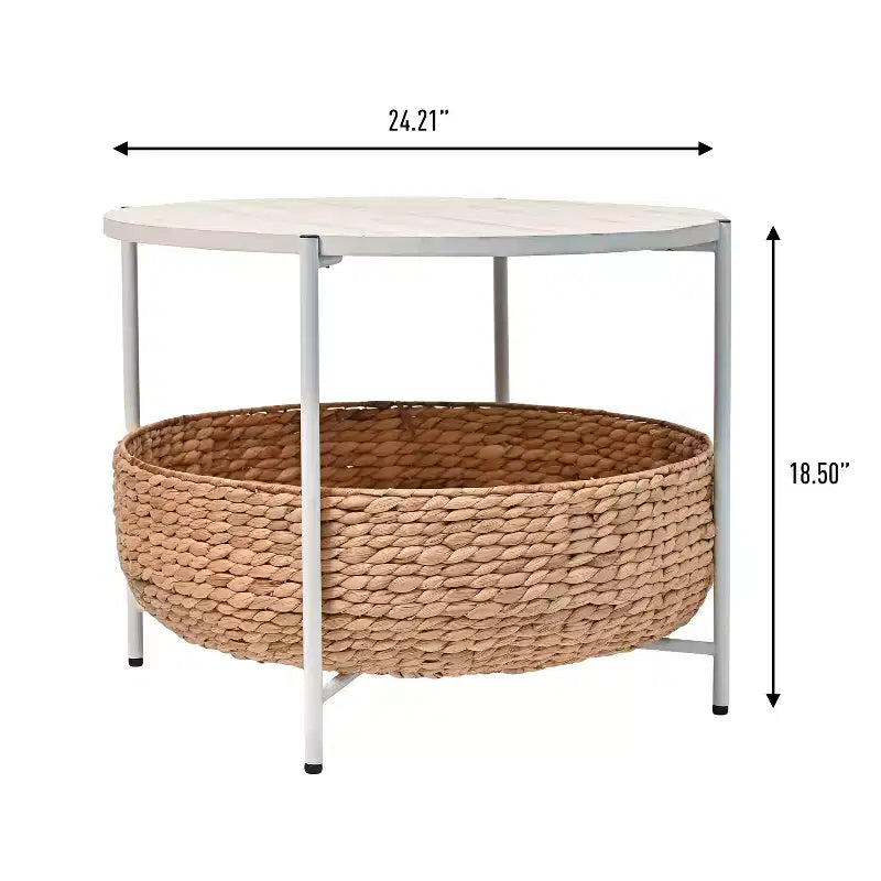 Table basse ronde moderne en bois d'acacia et jacinthe d'eau avec panier de rangement, style côtier
