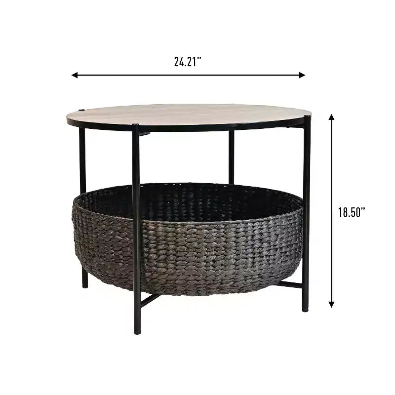 Table basse ronde moderne en bois d'acacia et jacinthe d'eau avec panier de rangement, style côtier