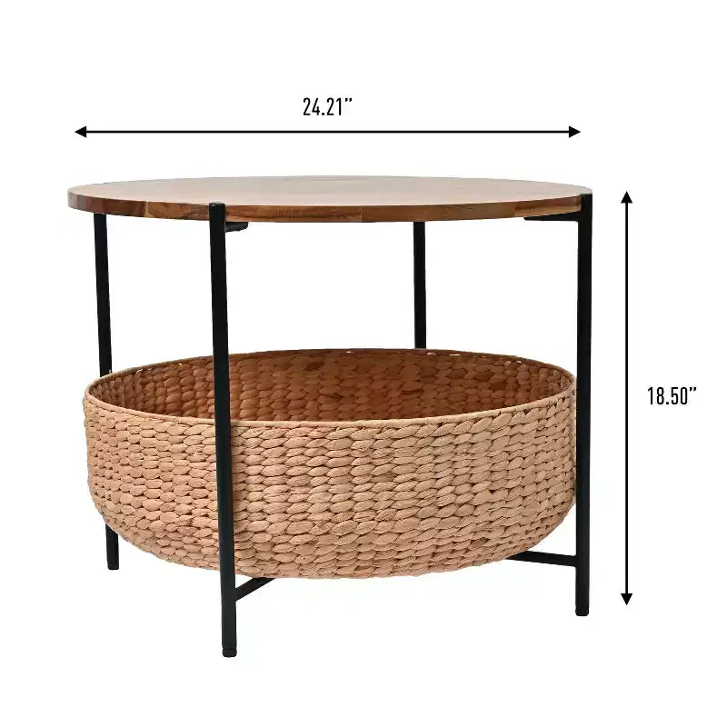 Table basse ronde moderne en bois d'acacia et jacinthe d'eau avec panier de rangement, style côtier