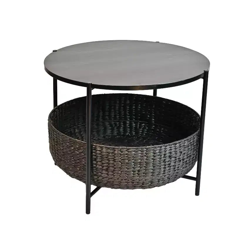 happimess Carly Modern Coastal Round Acacia Wood/Water Hyacinth Coffee Table with Storage Basket