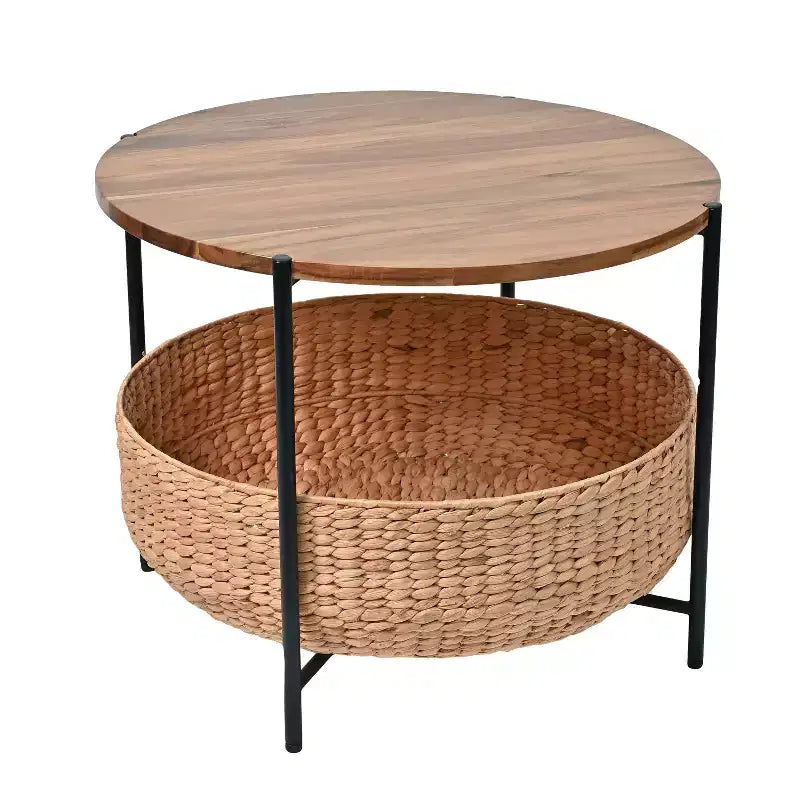 Table basse ronde moderne en bois d'acacia et jacinthe d'eau avec panier de rangement, style côtier