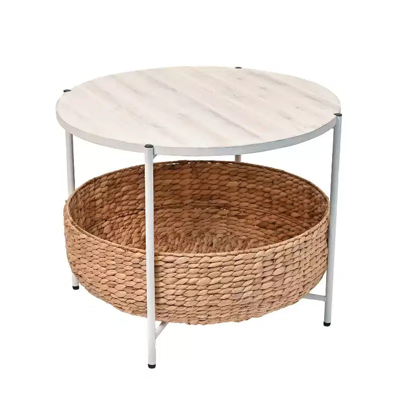 Table basse ronde moderne en bois d'acacia et jacinthe d'eau avec panier de rangement, style côtier