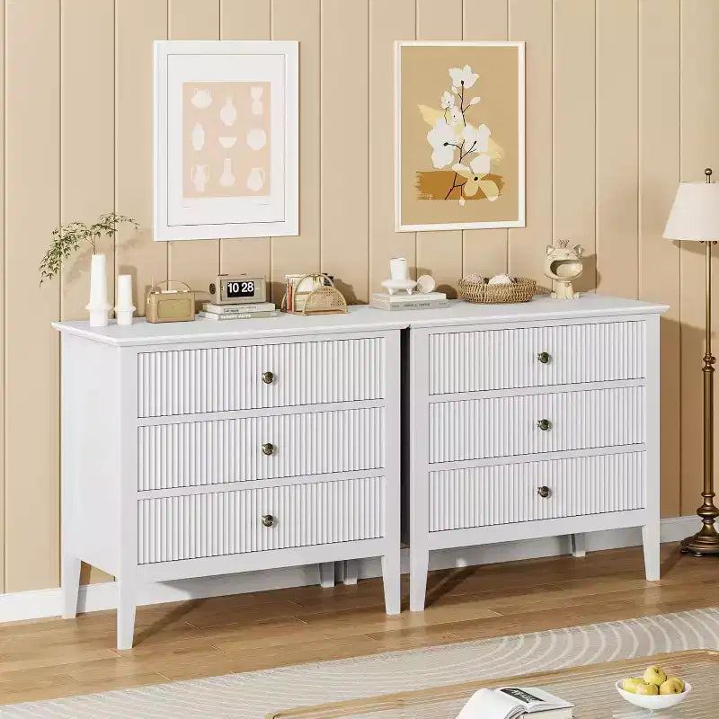 Commode à 3 tiroirs avec façade cannelée – Meuble de rangement en bois pour Chambre, Couloir & Entrée