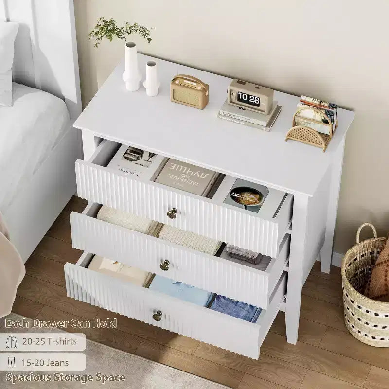 Commode à 3 tiroirs avec façade cannelée – Meuble de rangement en bois pour Chambre, Couloir & Entrée