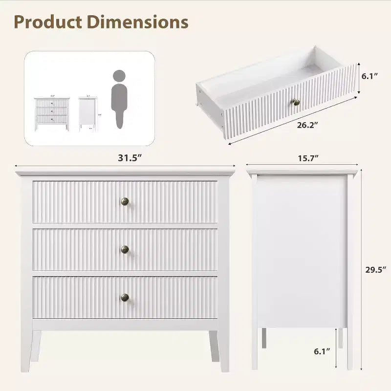 Commode à 3 tiroirs avec façade cannelée – Meuble de rangement en bois pour Chambre, Couloir & Entrée