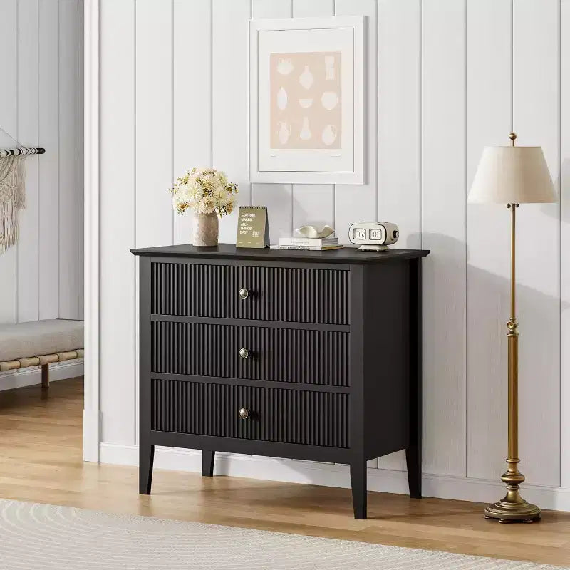 Commode à 3 tiroirs avec façade cannelée – Meuble de rangement en bois pour Chambre, Couloir & Entrée