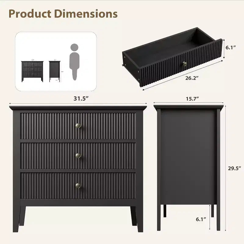 Commode à 3 tiroirs avec façade cannelée – Meuble de rangement en bois pour Chambre, Couloir & Entrée