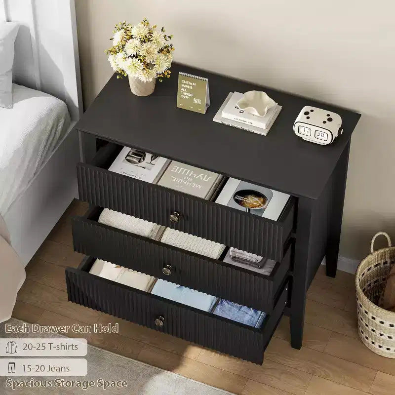 Commode à 3 tiroirs avec façade cannelée – Meuble de rangement en bois pour Chambre, Couloir & Entrée