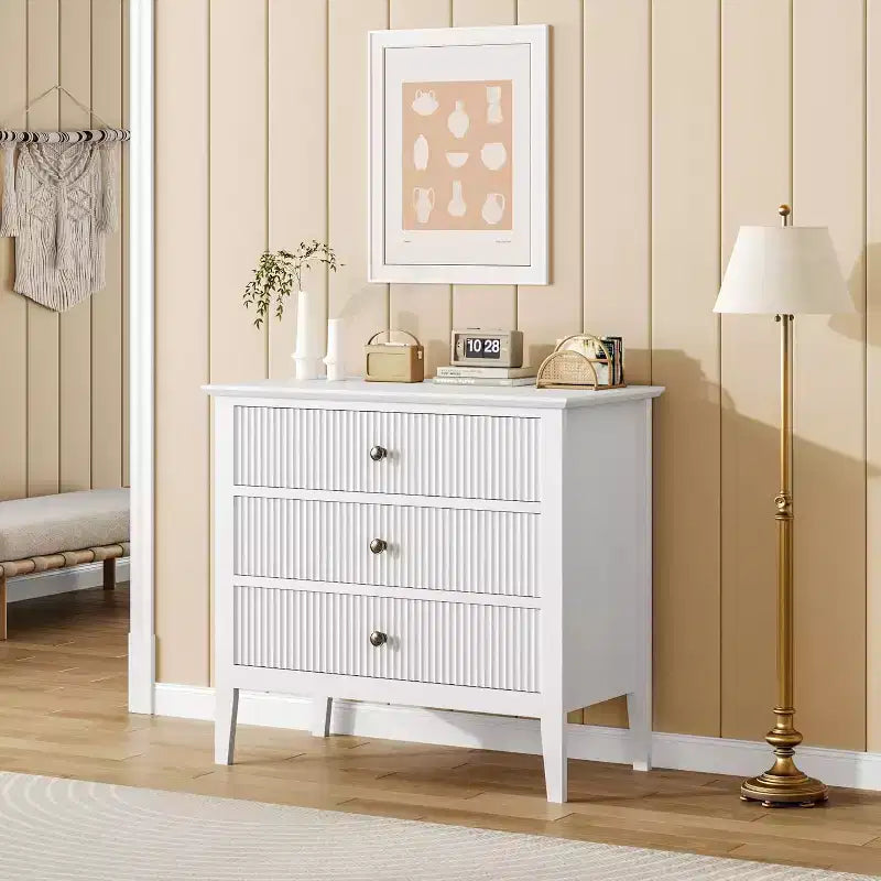 Commode à 3 tiroirs avec façade cannelée – Meuble de rangement en bois pour Chambre, Couloir & Entrée