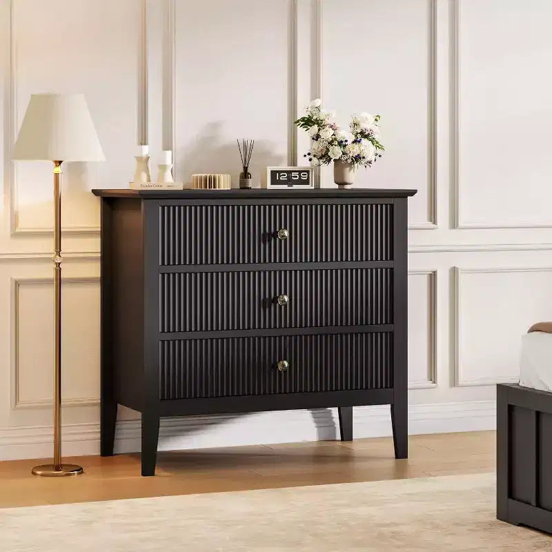 Fluted 3 Drawer Dresser, Wide Dresser Nightstand, Modern Wood Chest of Drawers, Large Painted Storage Cabinet for Closet, Hallway, Entryway, Bedroom