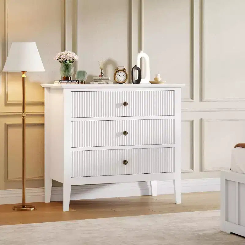 Commode à 3 tiroirs avec façade cannelée – Meuble de rangement en bois pour Chambre, Couloir & Entrée