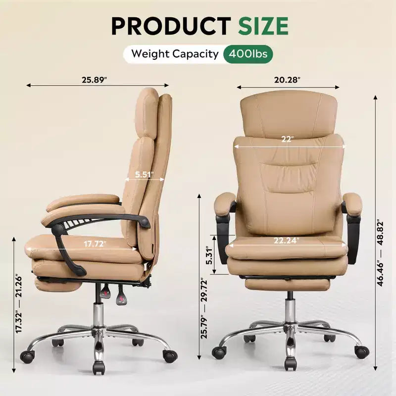 Fauteuil de bureau exécutif en cuir avec repose-pieds, chaise de bureau ergonomique haute résistance à dossier haut, grande taille avec soutien lombaire