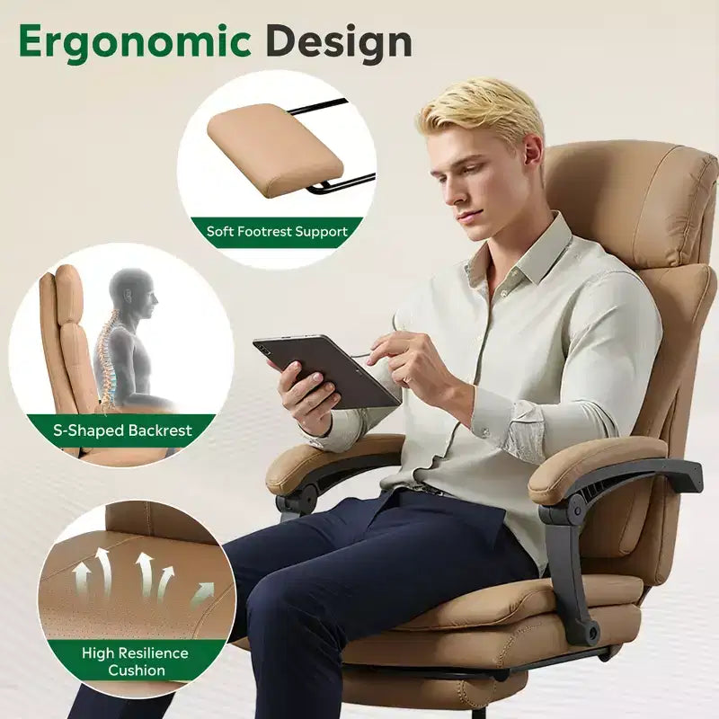 Fauteuil de bureau exécutif en cuir avec repose-pieds, chaise de bureau ergonomique haute résistance à dossier haut, grande taille avec soutien lombaire
