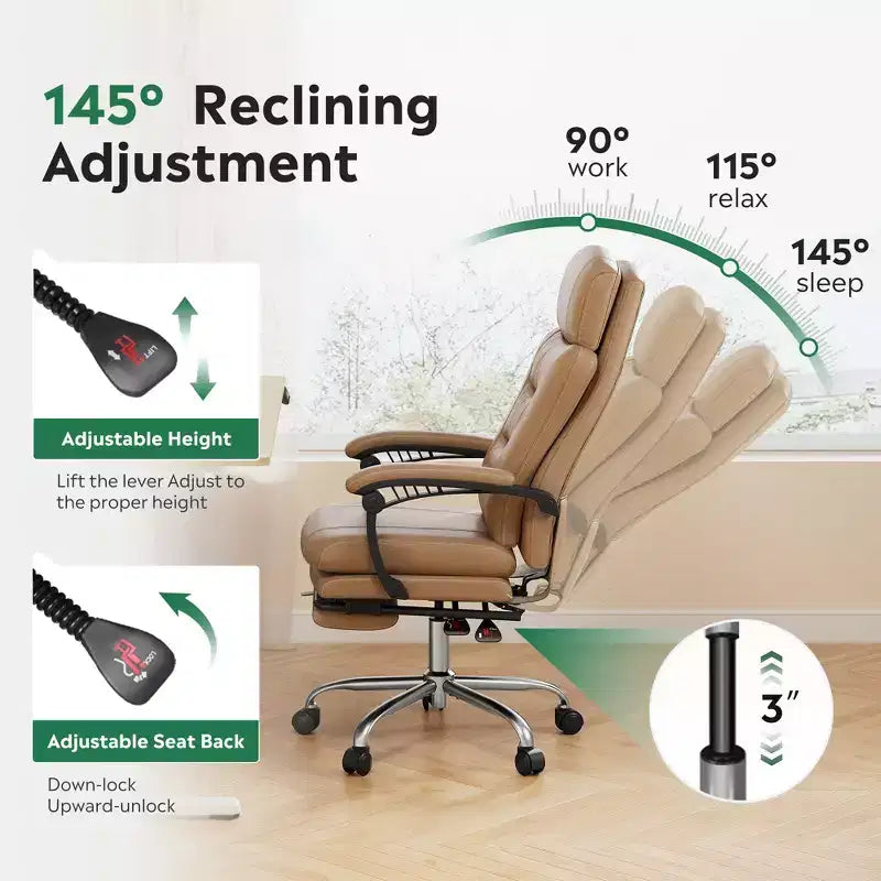 Fauteuil de bureau exécutif en cuir avec repose-pieds, chaise de bureau ergonomique haute résistance à dossier haut, grande taille avec soutien lombaire