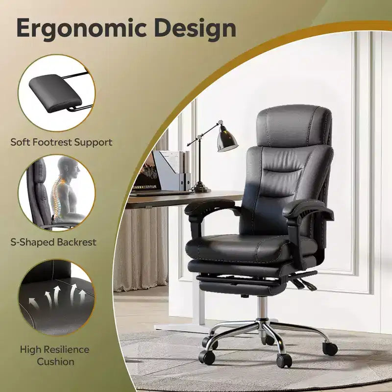 Fauteuil de bureau exécutif en cuir avec repose-pieds, chaise de bureau ergonomique haute résistance à dossier haut, grande taille avec soutien lombaire