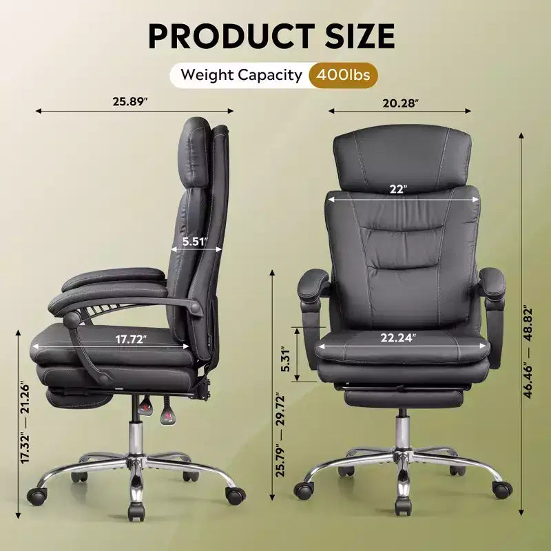 Fauteuil de bureau exécutif en cuir avec repose-pieds, chaise de bureau ergonomique haute résistance à dossier haut, grande taille avec soutien lombaire