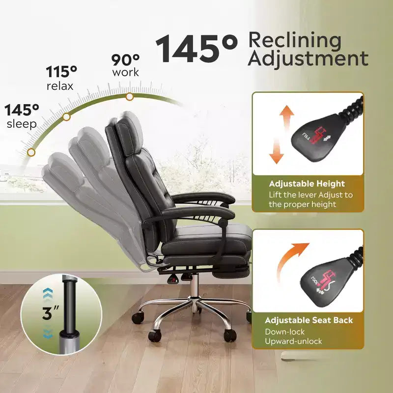 Fauteuil de bureau exécutif en cuir avec repose-pieds, chaise de bureau ergonomique haute résistance à dossier haut, grande taille avec soutien lombaire