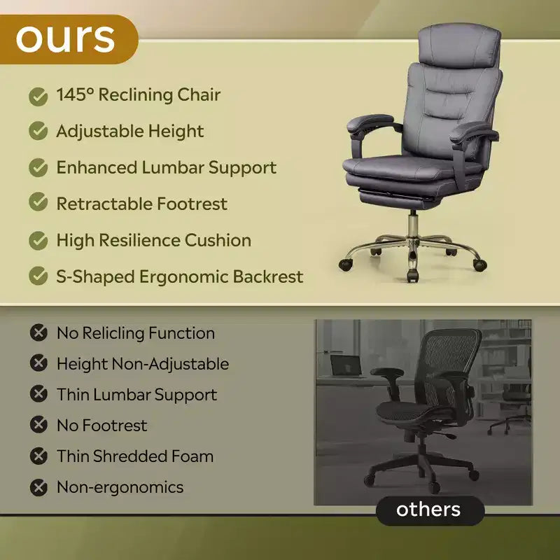 Fauteuil de bureau exécutif en cuir avec repose-pieds, chaise de bureau ergonomique haute résistance à dossier haut, grande taille avec soutien lombaire