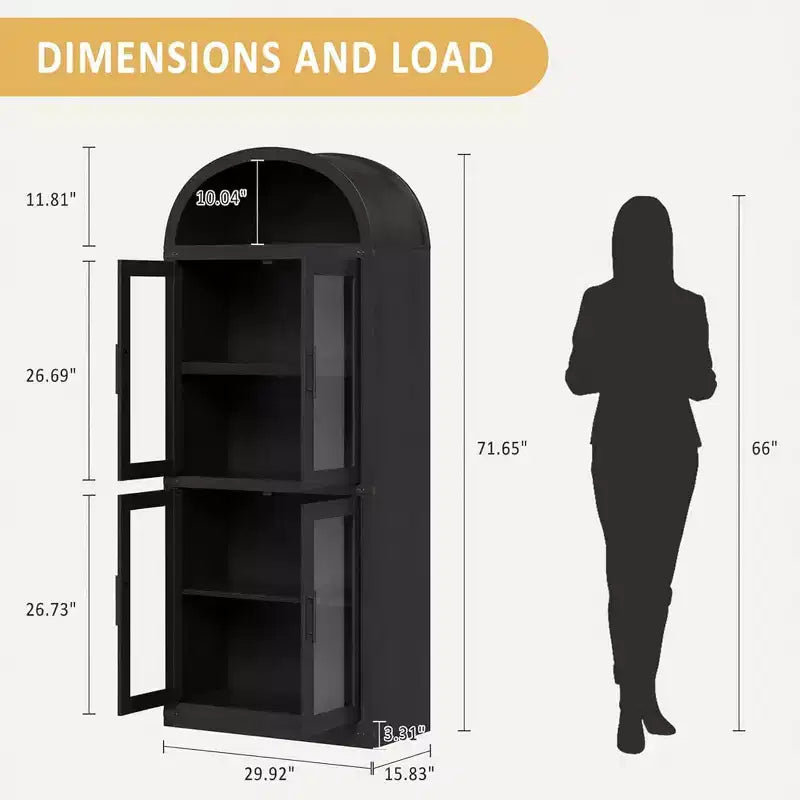Bibliothèque Arched Farmhouse 7" avec portes en verre/bois - Armoire de rangement à 5 étagères