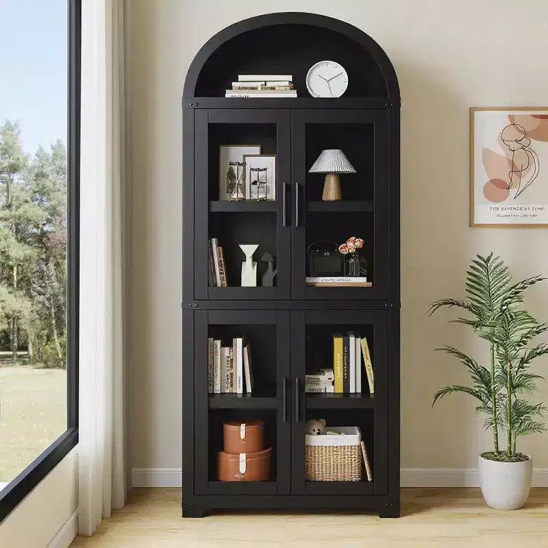 Bibliothèque Arched Farmhouse 7" avec portes en verre/bois - Armoire de rangement à 5 étagères