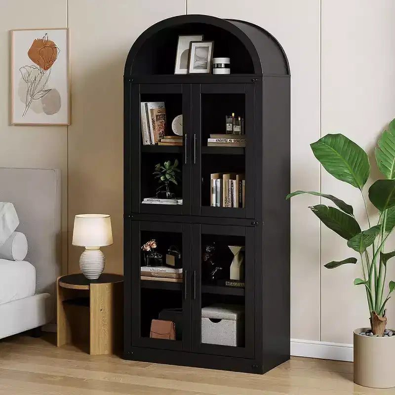 Bibliothèque Arched Farmhouse 7" avec portes en verre/bois - Armoire de rangement à 5 étagères