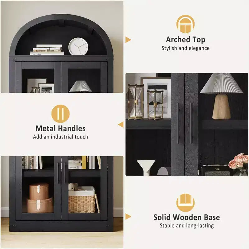 Bibliothèque Arched Farmhouse 7" avec portes en verre/bois - Armoire de rangement à 5 étagères