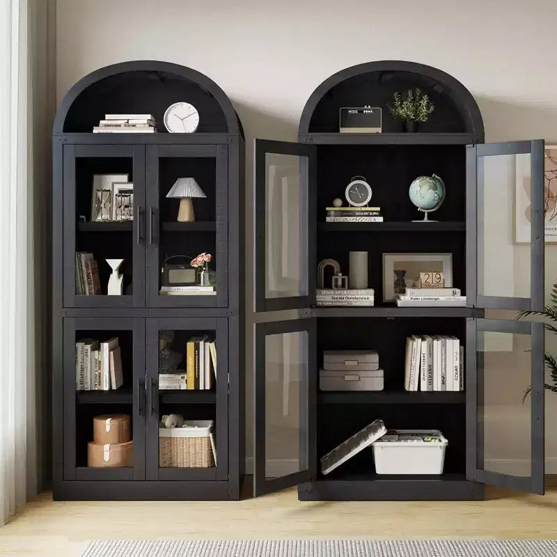 Bibliothèque Arched Farmhouse 7" avec portes en verre/bois - Armoire de rangement à 5 étagères