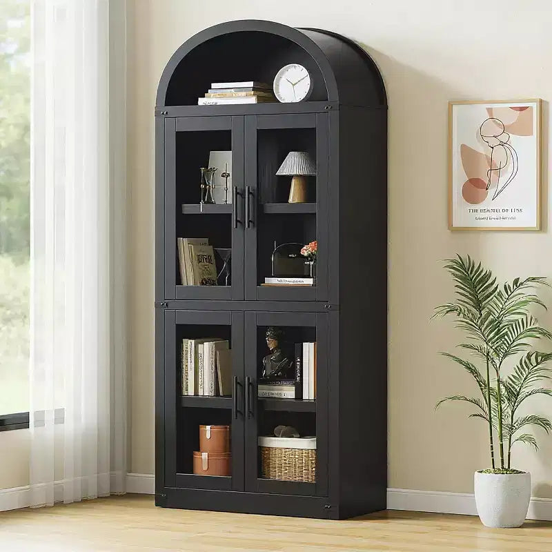 Bibliothèque Arched Farmhouse 7" avec portes en verre/bois - Armoire de rangement à 5 étagères
