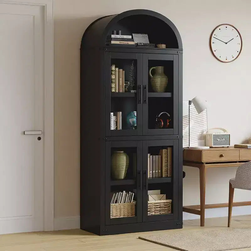 Bibliothèque Arched Farmhouse 7" avec portes en verre/bois - Armoire de rangement à 5 étagères