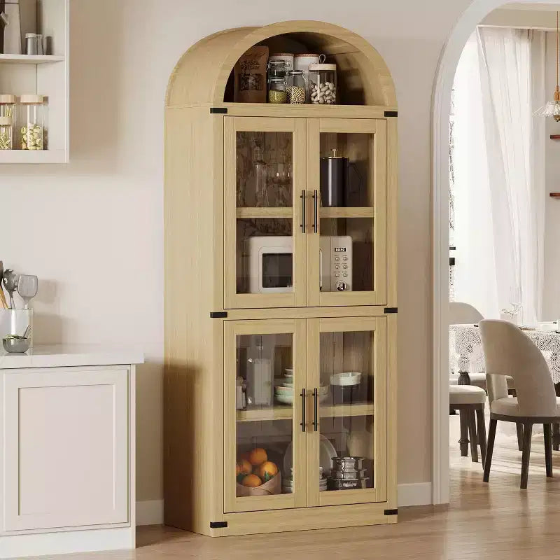 Bibliothèque Arched Farmhouse 7" avec portes en verre/bois - Armoire de rangement à 5 étagères