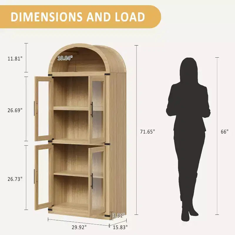 Bibliothèque Arched Farmhouse 7" avec portes en verre/bois - Armoire de rangement à 5 étagères