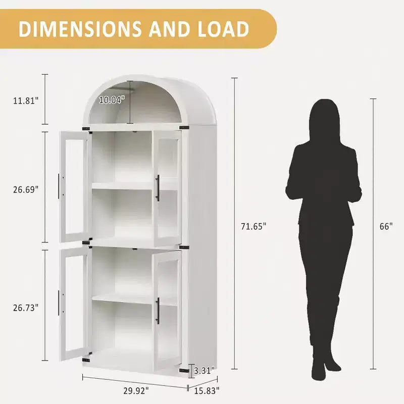 Bibliothèque Arched Farmhouse 7" avec portes en verre/bois - Armoire de rangement à 5 étagères