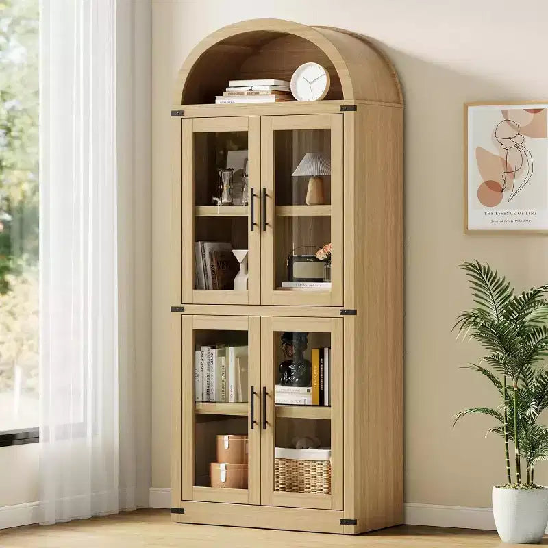 Bibliothèque Arched Farmhouse 7" avec portes en verre/bois - Armoire de rangement à 5 étagères