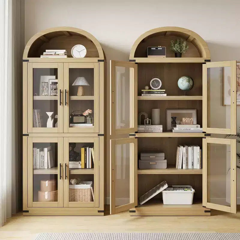 Bibliothèque Arched Farmhouse 7" avec portes en verre/bois - Armoire de rangement à 5 étagères