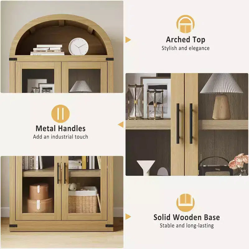 Bibliothèque Arched Farmhouse 7" avec portes en verre/bois - Armoire de rangement à 5 étagères