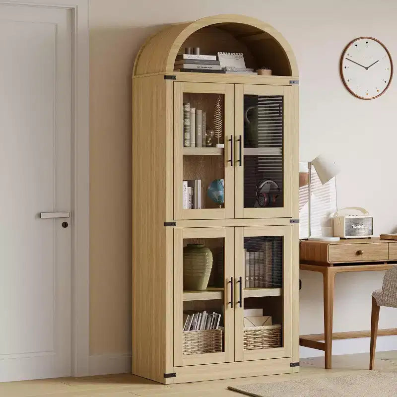 Bibliothèque Arched Farmhouse 7" avec portes en verre/bois - Armoire de rangement à 5 étagères
