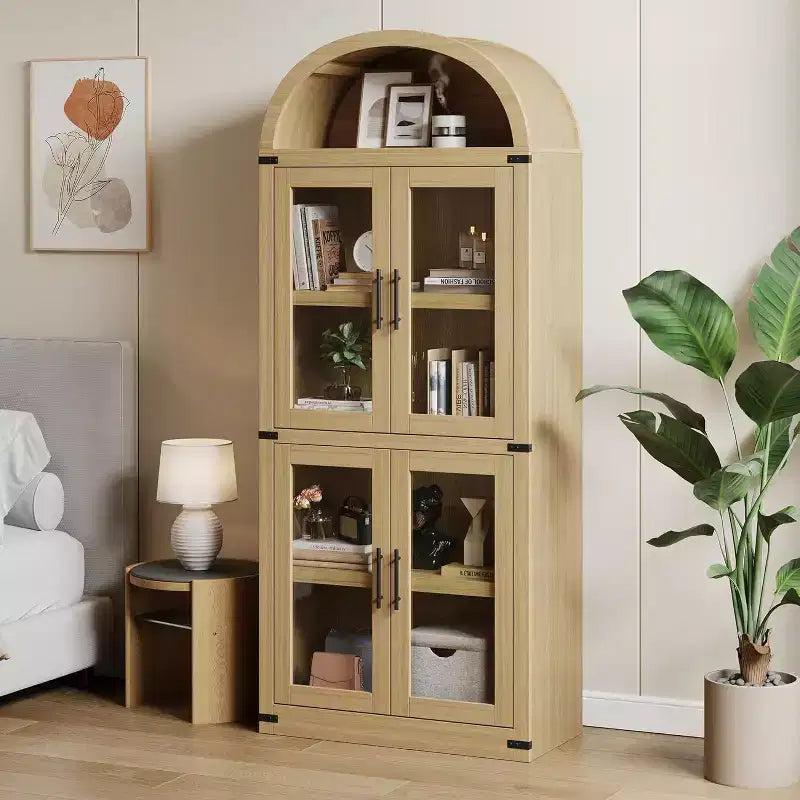 Bibliothèque Arched Farmhouse 7" avec portes en verre/bois - Armoire de rangement à 5 étagères