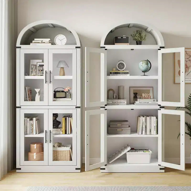 Bibliothèque Arched Farmhouse 7" avec portes en verre/bois - Armoire de rangement à 5 étagères