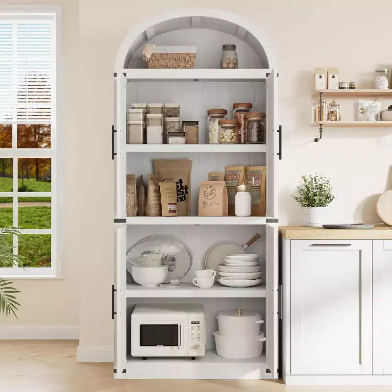 Bibliothèque Arched Farmhouse 7" avec portes en verre/bois - Armoire de rangement à 5 étagères