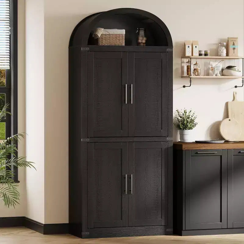 Bibliothèque Arched Farmhouse 7" avec portes en verre/bois - Armoire de rangement à 5 étagères