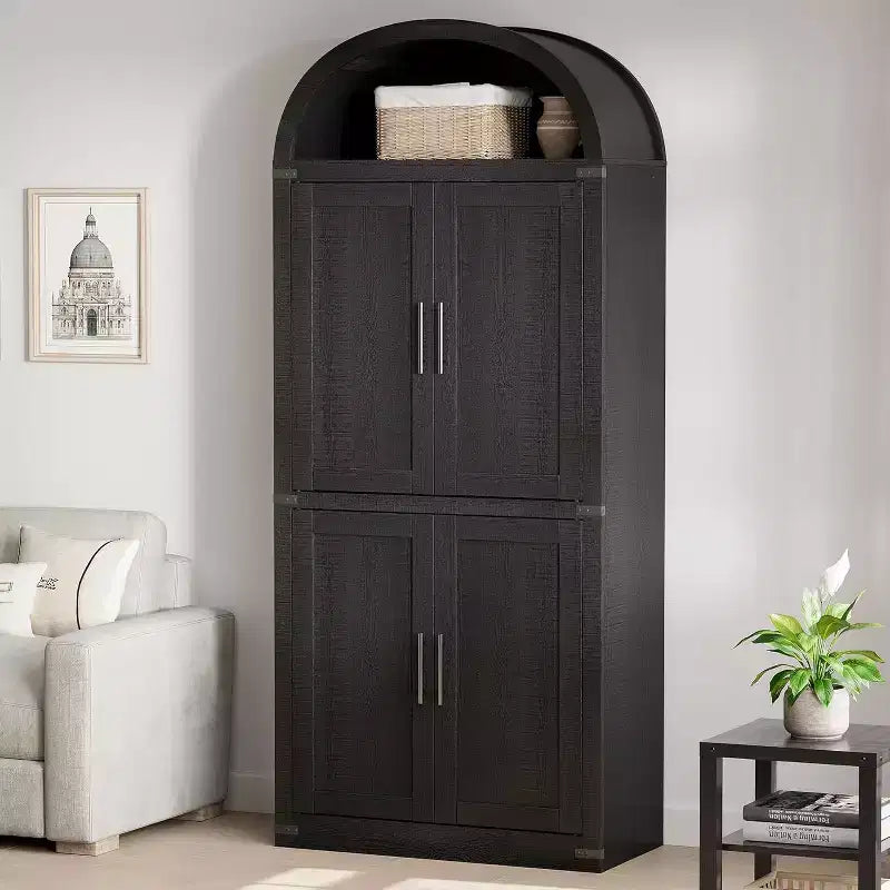 Bibliothèque Arched Farmhouse 7" avec portes en verre/bois - Armoire de rangement à 5 étagères