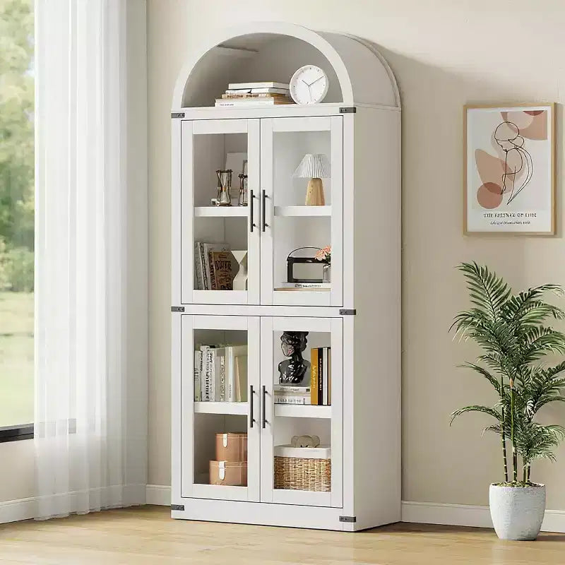 Bibliothèque Arched Farmhouse 7" avec portes en verre/bois - Armoire de rangement à 5 étagères